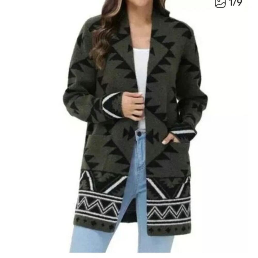 Frye Women's The Cozy Long Cardigan Olive Green Large Aztec Southwest Western